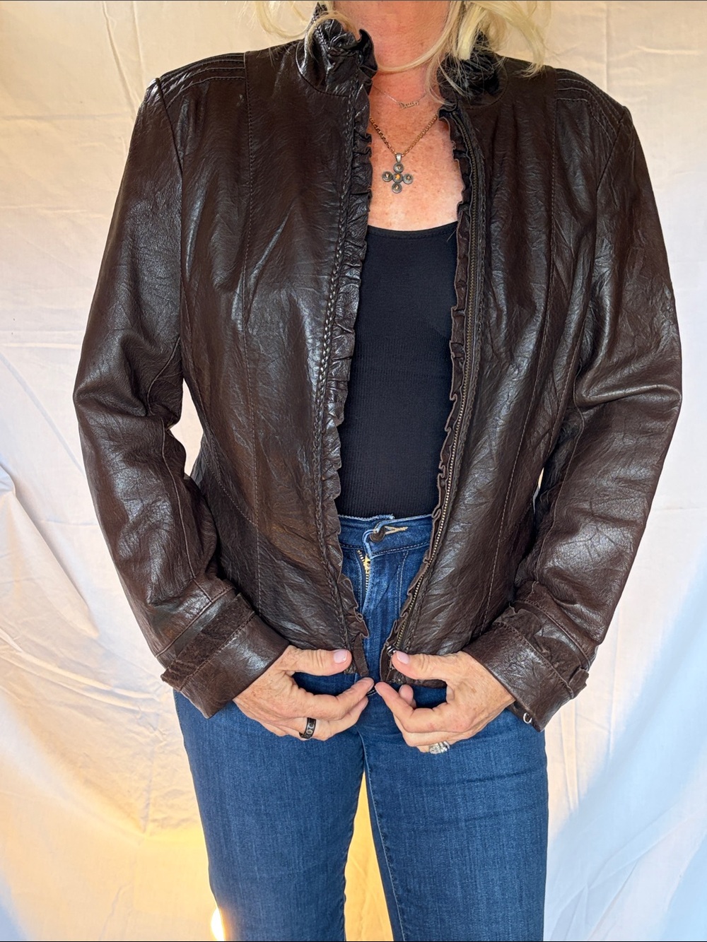 Danier Dark Brown Leather Jacket with Ruffle Trim Boho